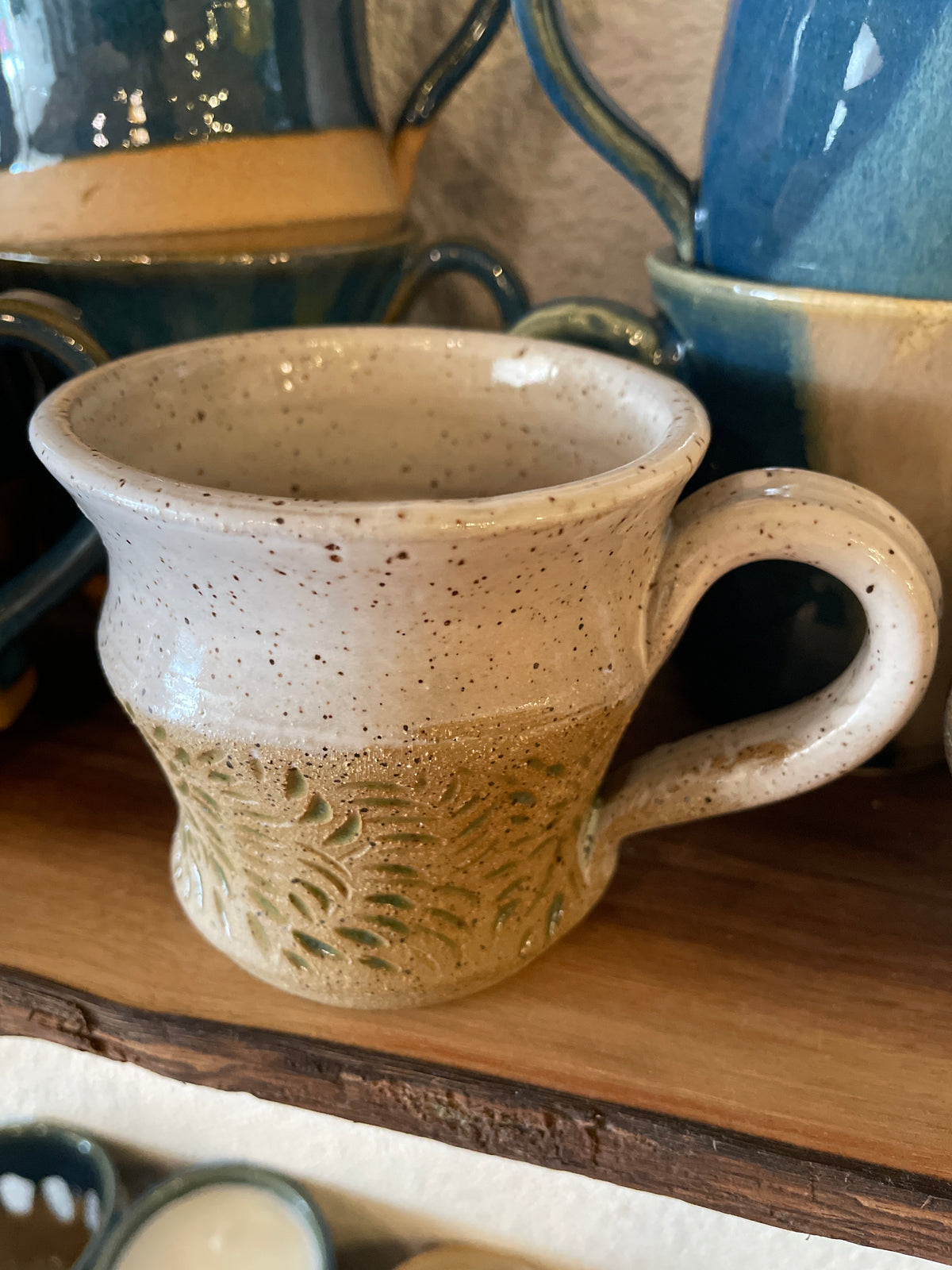 White tan blue dotted mug  Fir + Fire Studio